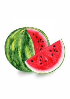 two slices of watermelon are shown on a white background, one is green and the other is red