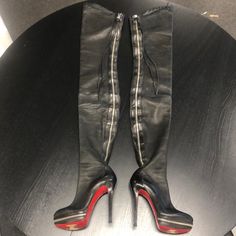 These Are Absolutely Beautiful Truly Thigh High Leather Boots. Very Dramatic And Stunning In Person. Christian Louboutin Thigh High Boots, Thigh High Leather Boots, Leather Thigh High Boots, High Leather Boots, Heel Boots, Louboutin Shoes, Thigh High Boots, High Heel Boots, Thigh High