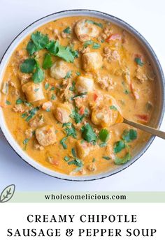 creamy chipotle sausage and pepper soup in a bowl