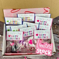 valentine's day treats in a box with the words i wish you happy valentines written on them