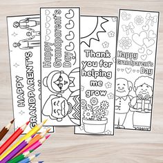 three happy birthday coloring pages with colored pencils on the table next to each other