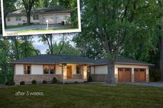 before and after photos of a house in the evening, with trees on either side