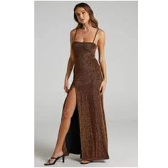 Nwt Full Length Shimmery Gown. Brown Maxi Dress For Night Out, Brown Maxi Length Dress For Night Out, Glamorous Brown Dresses For A Night Out, Fitted Brown Dresses With Side Slits, Fitted Brown Dress With Side Slits, Formal Floor-length Shimmer Maxi Dress, Party Floor-length Brown Dress, Brown Rayon Maxi Dress, Brown Sequin Maxi Dress