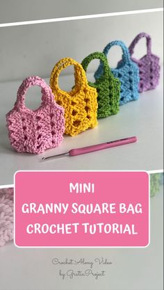 mini granny square bag crochet pattern with text overlay that says mini granny square bag crochet pattern