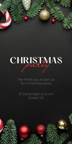 christmas party flyer with ornaments and fir tree branches on black background, flat lay style