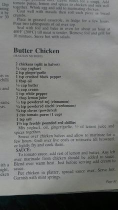 a recipe for butter chicken is shown on a piece of paper