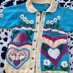 See Photos For All The Cute Details Fits A Size Large Fitted Multicolor Cotton Cardigan, Vintage Patchwork Sweater For Spring, Spring Vintage Patchwork Sweater, Fitted Patchwork Sweater For Spring, Fitted Multicolor Cotton Sweater, Hand Knit Sweater, Hand Knitted Sweaters, Friends Forever, Colorful Sweaters