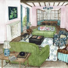 a drawing of a living room with couches and chairs