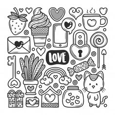 a black and white illustration with the word love surrounded by doodles, hearts, flowers, candy, keys, candies, lollipops