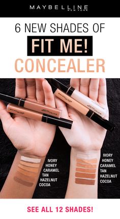 Our best selling, fan favorite Fit Me! Concealer is now available in 6 new shades!  This shade extension goes both lighter and darker to suit more complexions.  Skin looks perfected with this natural coverage liquid concealer. This oil-free concealer formula conceals redness, flaws, and blemishes. Eye Shadow Pallets, Natural Eyeshadow Palette, Fit Me Concealer, Makeup App, Trendy Eyeshadow, Maybelline Makeup, Liquid Concealer, Too Faced Concealer, Makeup Guide