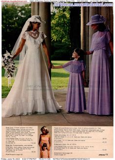 an advertisement for the bride and her flower girl, with two women in purple dresses holding hands