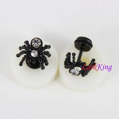 "LarkKing SE3516 Spider stud earrings, black stud earrings, gold studs, insect studs, statement earrings, surgical stainless steel studs Size: 7/16\"x1/2\"; length 1/2\" The length between the front end and back end: 1/4\". Color: black color, steel color, gold color To select Black Color, Steel Color or gold color from drop down menu \"To Select Stud Color\". Black color SE3516b, Steel color SE3516s, Gold color SE3516g Earring end is a screw; Twist end to secure earring. Stud earring pole diame Black Metal Stud Jewelry, Black Internally Threaded Punk Plug Earrings, Black Punk Plug Earrings As Gift, Black Punk Plug Earrings For Gift, Black Internally Threaded Metal Cartilage Earrings, Black Surgical Steel Earrings For Gift, Black Surgical Steel Pierced Earrings, Punk Style Black Piercings For Gift, Black Metal Piercings For Gift