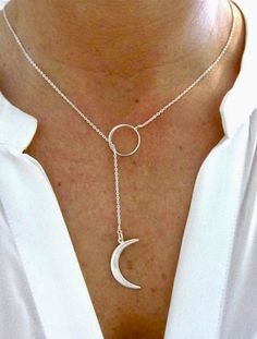 Crescent Moon Lariat Necklace – Glamorous Hippie Moon Jewelry Silver, Crescent Moon Jewelry, Matric Dance, Star And Moon Necklace, Moon Phases Necklace, Mystical Jewelry, Character Sheets, Moon Bracelet, Irish Jewelry