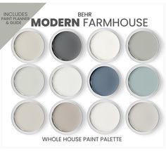 the modern farmhouse paint palette is shown in twelve colors, including blue and grays