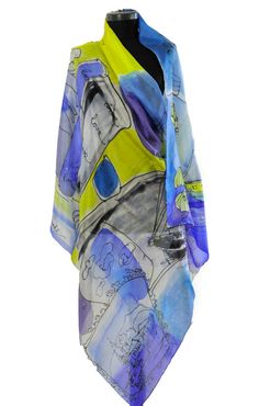 Hand painted silk shawl/Painting abstract shawl/Luxury by GABYGA Blue Hand Painted Silk Scarf, Artistic Silk Scarf With Abstract Print, Bohemian Blue Hand Painted Silk Scarf, Blue Hand Painted Bohemian Silk Scarf, Blue Bohemian Hand Painted Silk Scarf, Artistic Silk Shawl Scarf, Artistic Blue Silk Scarves, Artistic Multicolor Silk Shawl, Artistic Blue Silk Scarf