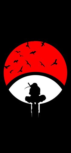 a black and red poster with birds flying in the sky over it's head