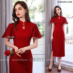 10% off now|Free shipping world-wide. Retro Neck Lace Fitted Red Formal Party Dress With Beaded Flounced Sleeves at GemGrace. Click to learn our pro custom-made service for wedding dress, formal dress. View #WeddingGuestDresses for more ideas. Festive Red Dress For Banquet, Fitted Red Evening Dress For Banquet, Elegant Fitted Dress For New Year, Red Short Sleeve Evening Dress For Formal Occasions, Elegant Festive Formal Cheongsam, Elegant Short Sleeve Dresses For Celebration, Formal Elegant Festive Cheongsam, Red Dresses For Party Season Celebrations, Red Dresses For Celebration And Party Season