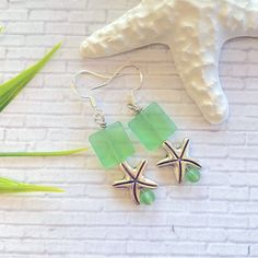 1-7/8” Drop Frosted Green Beads Silver-Plated Starfish Sterling Silver Hooks Beautifully Gift-Boxed Handcrafted In The Usa Woman-Owned Small Business Holiday Christmas Gift Birthday Nautical Coastal Handmade Green Starfish-shaped Jewelry, Handmade Green Starfish Jewelry, Green Ocean-inspired Nickel-free Jewelry, Adjustable Green Starfish Jewelry, Adjustable Green Jewelry With Starfish Charm, Green Starfish Charm Jewelry As Gift, Chip Bead Jewelry, Vintage Gold Earrings, Beachy Jewelry