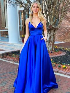 A Line V Neck Backless Royal Blue Satin Long Prom Dresses, V Neck Backless Royal Blue Formal Dresses, Backless Royal Blue Evening Dresses Sapphire Blue Formal Dress, Blue Grad Dresses Grade 8 Long, Royal Blue Silk Prom Dress, Royal Blue Silk Dress, Prom Dresses Royal Blue, Royal Blue Formal Dresses, Blue Satin Prom Dress, Prom Dress With Pockets, Royal Blue Prom Dress