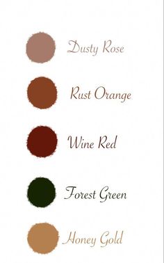 four different shades of wine red, honey gold, rust orange and white with text