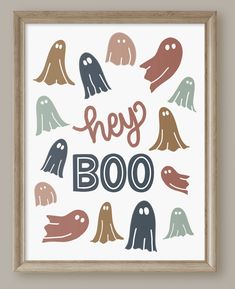 Hey Boo ghost Halloween wall art print in navy, coral, blush, yellow ochre, and sea foam green Navy Blue Wall Decor, Hey Boo Halloween, Ghost Art, Navy Blue Walls, Ghost Print, Blue Wall Decor, Wall Art Pink