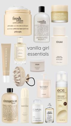 Vanilla Girl Bathroom, Vanilla Girl Skincare, How To Smell Like Vanilla, Clean Girl Perfume, Vanilla Girl Essentials, Hygiene Products Aesthetic, Vanilla Girl Makeup, Vanilla Scents, Scent Combos