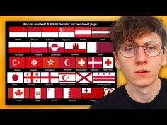 a man with glasses is looking at the camera and has many different flags on it