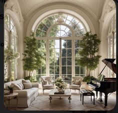 a living room filled with furniture and a grand piano in front of a large window