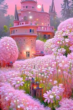 a painting of a pink castle surrounded by flowers