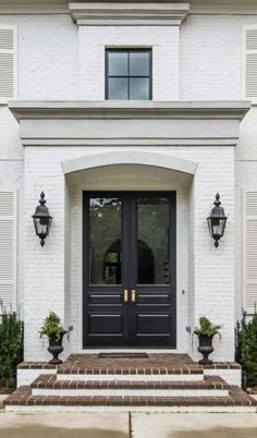 stylish modern front door stairs design ideas Modern Mediterranean House Exterior, Black Double Doors, Front Door Stairs, White Brick House, Door Stairs, Eyebrow Arch, Beautiful Houses Exterior, Exterior Houses, Classic House Exterior