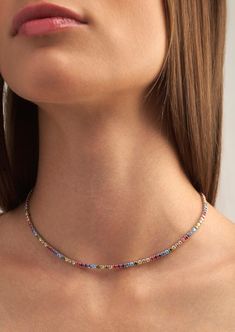 Riviera Rainbow Crystal Necklace — Hellenic Aesthetic Multicolor Single Strand Jewelry, Multicolor Clavicle Chain Choker As Gift, Multicolor Dainty Clavicle Chain Necklace, Dainty Multicolor Clavicle Chain Necklace, Party Beaded Necklaces With Clavicle Chain, Multicolor Jeweled Choker Necklace, Rainbow Choker Necklace As A Gift, Rainbow Single Strand Necklace, Rainbow Choker Necklace As Gift