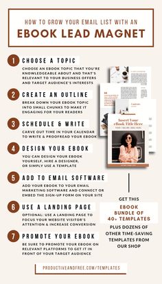 an info sheet with the text how to grow your email list with an e - book lead magnet