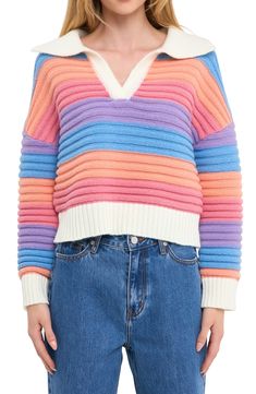 A jaunty collar and sherbet shades add a cheerful vibe to this cozy sweater. Spread collar V-neck Long sleeves 100% polyester Hand wash, dry flat Imported Knitwear Trends, Knit Loungewear, Strapless Bodycon Dress, English Factory, Oversized Collar, Denim Sweater, Leather Denim, Polo Sweater, Leather Dresses