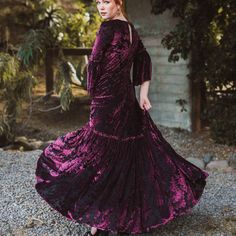 This luscious ruffled maxi dress features a hook & eye neck closure, pockets and a black jersey slip. Made from a gorgeous, lightweight burnout velvet and lots of love! Machine wash cold and hang dry. Black Velvet Gown, Vintage Velvet Dress, Burnout Velvet Dress, Burnout Velvet, Witch Fashion, Black Jersey, Lilac Dress, Lots Of Love, Portrait Inspiration