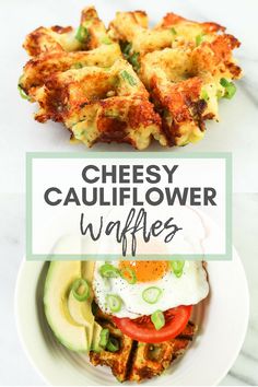 cheesy cauliflower waffles with avocado on the side