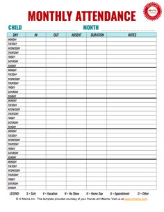 a printable attendance sheet for children with the words, child attendances and hours