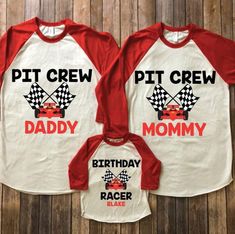 two shirts with the words pit crew and mommy printed on them