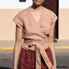 Olivia Mark - Short-sleeve Shirt with Tie Waist Cotton Linen Collar and Modern Button Detail Linen Wrap Top Pattern, Wrap Top Pattern, Summer Linen Shirt, Linen Wrap Top, Harajuku Women, Women Tees, Maggie Smith, Tie Waist Shorts, Vintage T Shirts