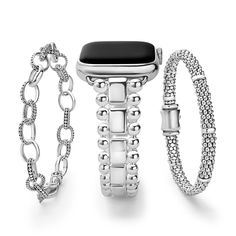 Set of three best-selling LAGOS designs that complement each other perfectly. Silver Luxury Bracelets, Elegant White Gold Watch Bands For Gift, Silver Stackable Jewelry For Everyday Luxury, Luxury Sterling Silver Bands, Elegant Silver Bracelet Watch Bands, Elegant White Gold Jubilee Bracelet Watch Band, Silver Metal Bracelet For Everyday Luxury, Elegant Metal Watch Bands As Gift, Elegant Silver Watch Bands With Bracelet Strap