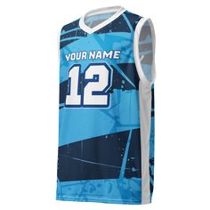 a basketball jersey with the number 12 on it and blue paint splattered background