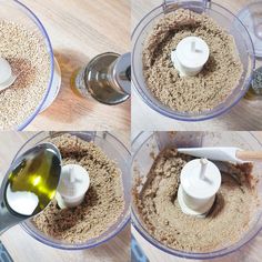 four pictures showing how to mix ingredients in a food processor