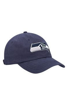 Indulge your sporty side by throwing on this Seattle Seahawks Miata Clean Up Primary adjustable hat from '47 and spicing up any casual ensemble. The bold Seattle Seahawks graphics add flair to the design, and the adjustable fabric strap at the back ensures a perfect fit for every big game. Material: 100% Cotton Low crown Unstructured relaxed fit Curved bill Adjustable fabric strap with snap buckle Embroidered graphics with raised details One size fits most Six panels with eyelets Surface washabl Navy Sporty Hat For Sports, Sporty Dad Hat With Curved Bill For Game Day, Sporty Dad Hat With Curved Brim For Game Day, Sporty Curved Bill Dad Hat For Game Day, Navy Sporty Baseball Cap For Fans, Navy Sporty Hat For Baseball Season, Throwback Curved Brim Baseball Cap For Sports, Navy Sporty Snapback Hat For Sports, Navy Sporty Baseball Hat