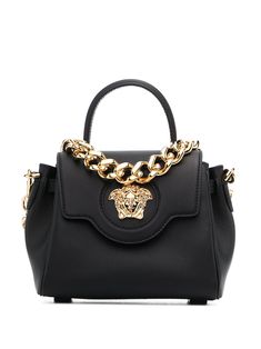 black leather Medusa plaque detail foldover top single rounded top handle internal slip pocket gold-tone hardware adjustable-length chain Black Versace Bag, Versace Bags Women, Versace Purses, Versace Bag, Versace Handbags, Versace Bags, Small Tote Bag, Black Leather Crossbody Bag, Top Handle Handbags