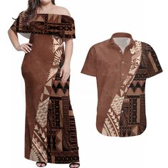 Bula Fiji Couples Matching Off Shoulder Maxi Dress and Hawaiian Shirt Tribal Masi Tapa - Brown LT7 Brown - Polynesian Pride Off Shoulder Maxi Dress, Trendy Graphic Tees, Couples Matching, Matching Couples, Cool Fabric, Hawaiian Shirt, Formal Event, Fashion Store, Cool T Shirts