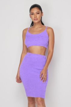 Fuzzy Knit Sweater Skirt SetFeaturing Tank Crop Top Knee Length Skirt StretchyRuns True to SizeModel wears a Small Fitted Purple Party Skirt, Purple Skirt Set, Fitted Purple Sequin Skirt, Purple Stretch Mini Skirt, Knit Sweater Skirt, Purple Knit Midi Skirt, Sweater Skirt Set, Tank Crop Top, Business Wear