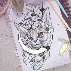 a drawing of a cat with flowers on it's head and the moon in its eyes