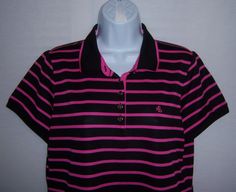 "Vintage Lauren Ralph Lauren black and hot pink pique knit cotton polo golf shirt or t-shirt. Excellent pre-owned condition. Appears to have never been worn. Women's size LARGE or L. Measurements: bust-42\", length-25\". 96% polyester, 4% elastane. Great for the links!" Classic Fitted Pink Polo Shirt, Pink Ralph Lauren Shirt, Ralph Lauren Pink Collared Tops, Ralph Lauren Pink Summer Shirt, Fitted Ralph Lauren Summer T-shirt, Black Hot Pink, Golf T Shirts, Cardigan Sweater Jacket, Silk Jacket