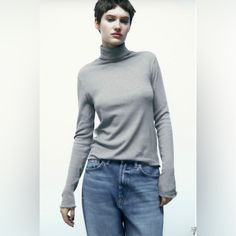 Pullover Style Long Sleeve High Neck Regular Fit Cotton- Wool Fine Knit Funnel Neck Top For Winter, Classic Gray Fall Tops, Classic Gray Tops For Fall, Gray Ribbed Collar Top For Fall, Gray Turtleneck Top With Ribbed Collar, Spring Funnel Neck Top With Ribbed Collar, Gray Turtleneck Top For Layering, Classic Winter Tops With Ribbed Neckline, Winter Solid Color Tops By Zara