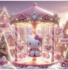 the hello kitty carousel is decorated with candy canes and christmas lights, as well as decorations