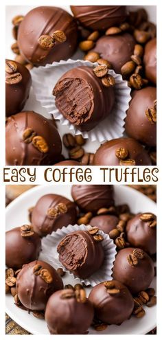 two pictures of coffee truffles on a plate